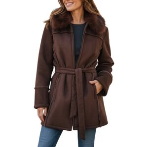 Chic Wilsons Leather Brown Faux Suede W/Removable Genuine Fox Fur Collar Trim M